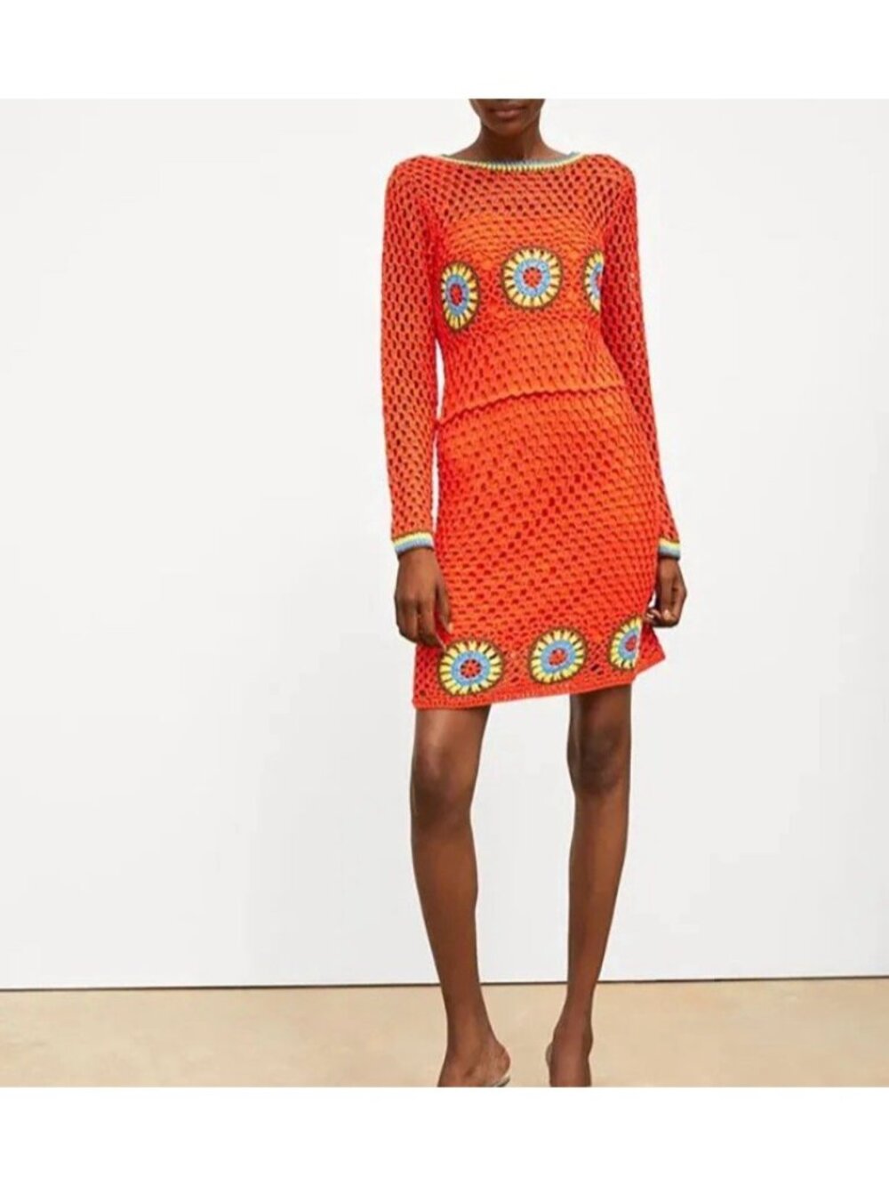 Zara orange crochet long sleeve dress size Large